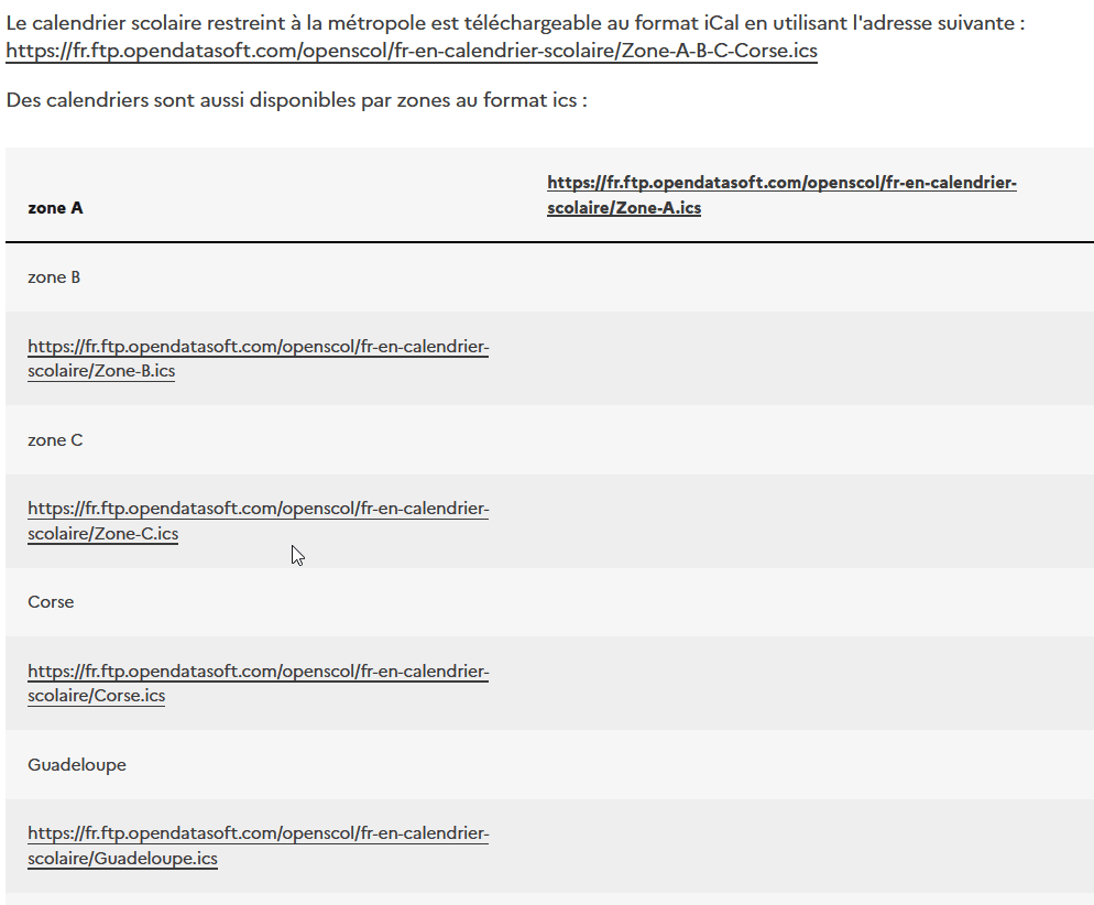 Capture d'écran de la page "Calendriers scolaires" du site https://data.gouv.fr